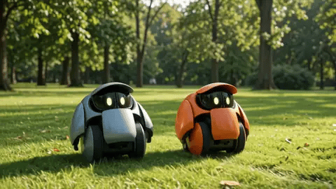 Gemini Omni Flash reference-to-video: both robots placed in the park from the reference clip