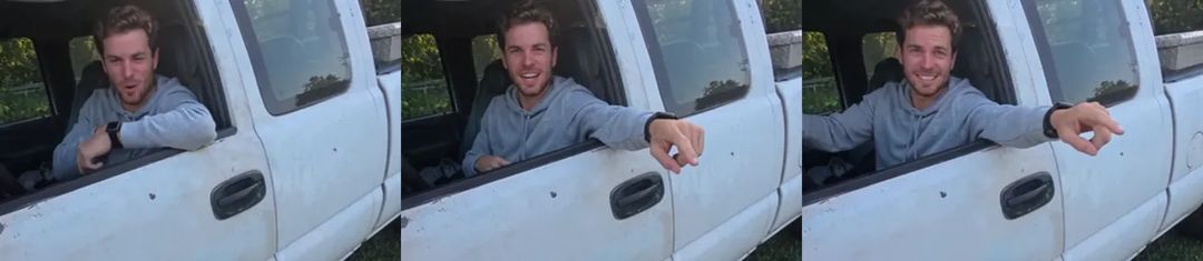 Close-ups of the driver from our first test: the man from the photo keeps grinning while he points people off the property