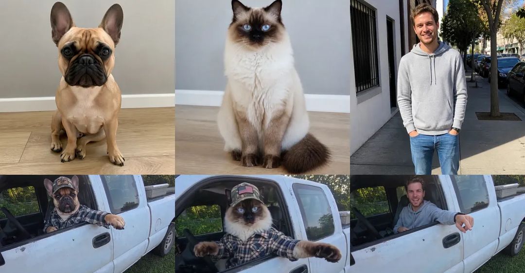 Photos next to results: a French bulldog, a Siamese-coloured cat and a man in a grey hoodie, each as the driver leaning out of the white pickup