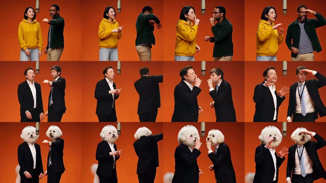 The same four moves from the three examples: point, turn, shush, hand shading the eyes. Top to bottom: everyday clothes, suits, bichons