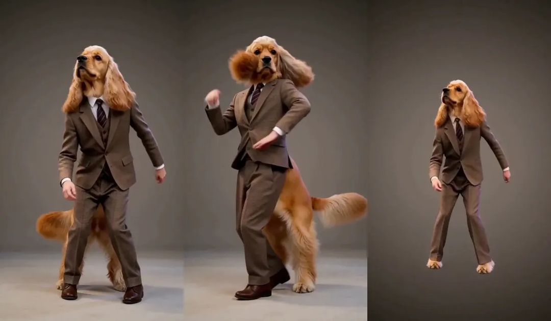 A test run: a suited dog-headed dancer with a whole real dog standing behind it; on the right, the current result with just one