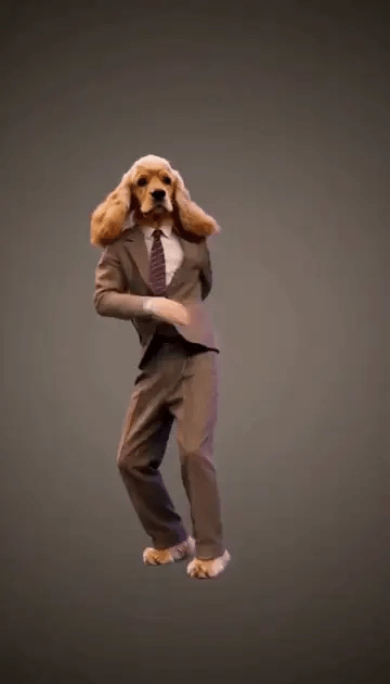 A cocker spaniel in a houndstooth suit stands on its hind legs, touches its chin and puts a hand on its hip