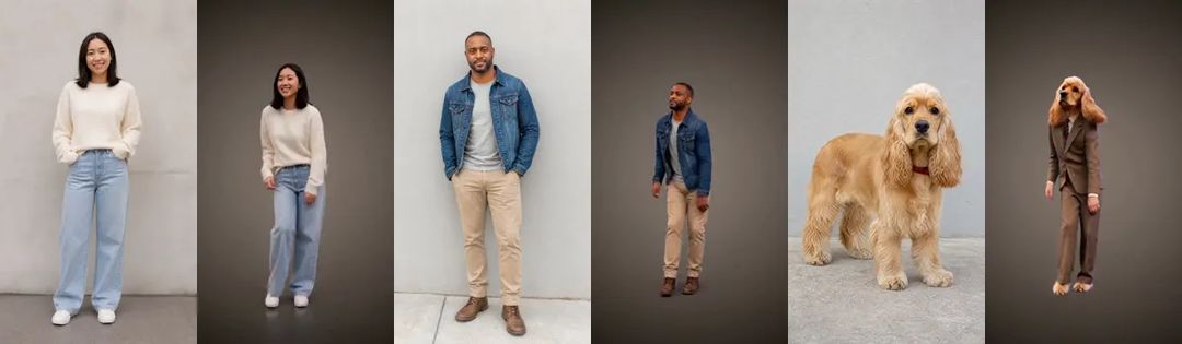 Photos next to results: a woman in a cream sweater, a man in a denim jacket and a cocker spaniel