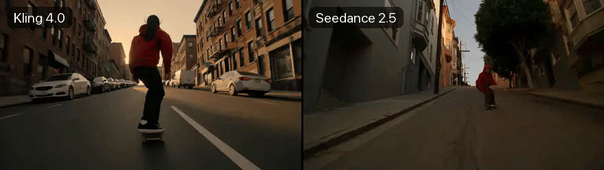 Round 1: skateboarder down a city hill, Kling on the left, Seedance on the right