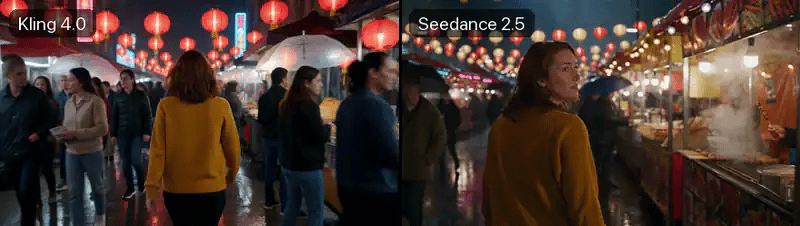 Round 2: the same reference photo walking into a rainy night market, Kling on the left, Seedance on the right