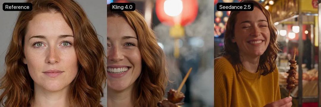 Reference photo next to the last frame from Kling 4.0 and Seedance 2.5