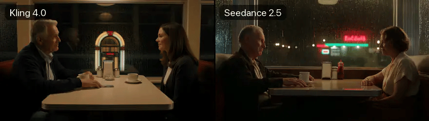Round 3: two lines of dialogue in a diner, Kling on the left, Seedance on the right