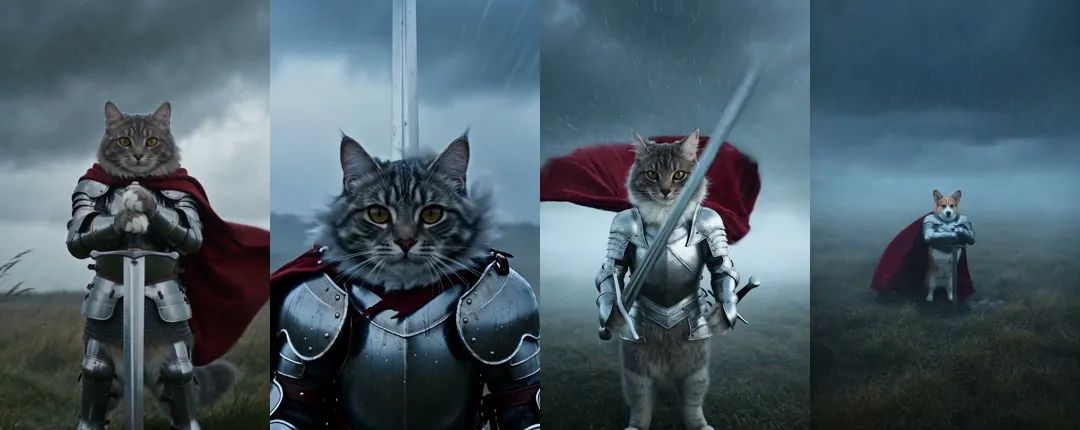 Four failures: a knight as tall as a person, a sword sticking out from behind the head, a second sword at the hip, no sword in the first shot