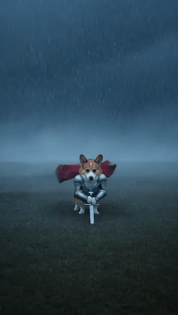 A corgi knight pulls its sword out of the mud in heavy rain, mud spraying out
