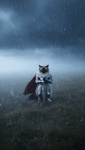 A ragdoll knight cat grips the sword stuck in the mud, pulls it out and lowers it to its side