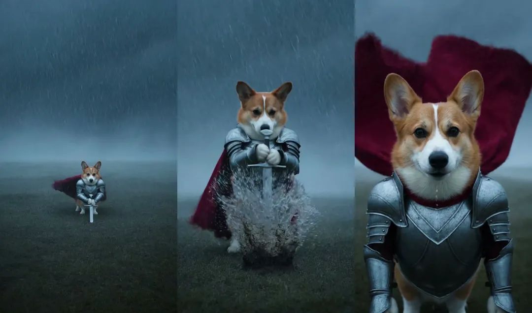 The three shots of a knight cat video: the sword stuck in the ground in the wide shot, mud spraying as the sword comes out, a soaked close-up