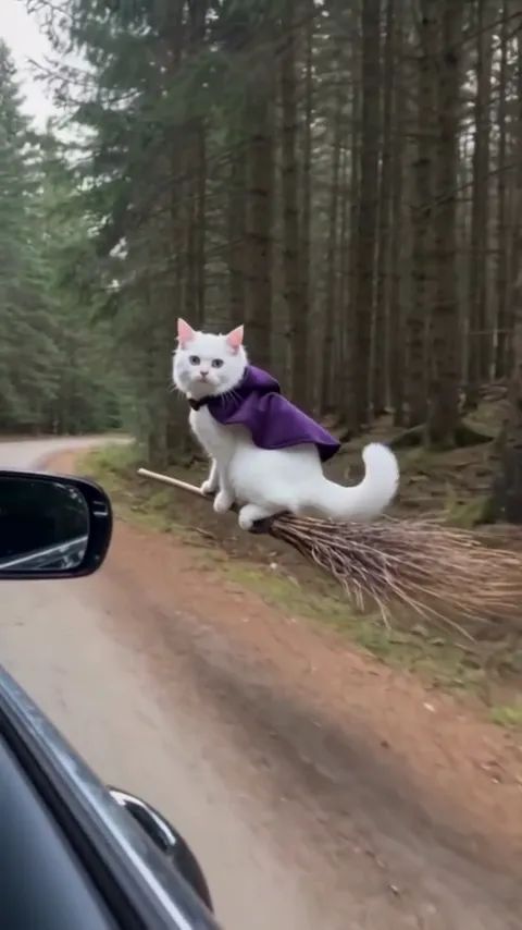 Die Katze auf dem fliegenden Besen über dem Waldweg