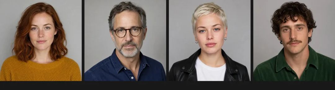 Reference headshots of four fictional people