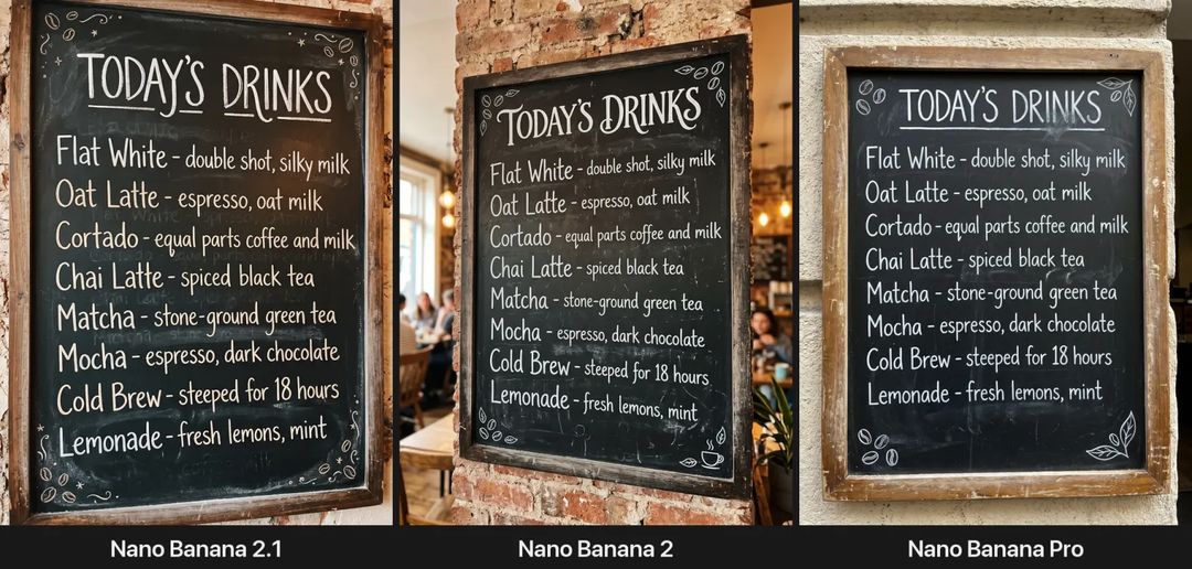 Chalkboard menu small-text test: the three models side by side