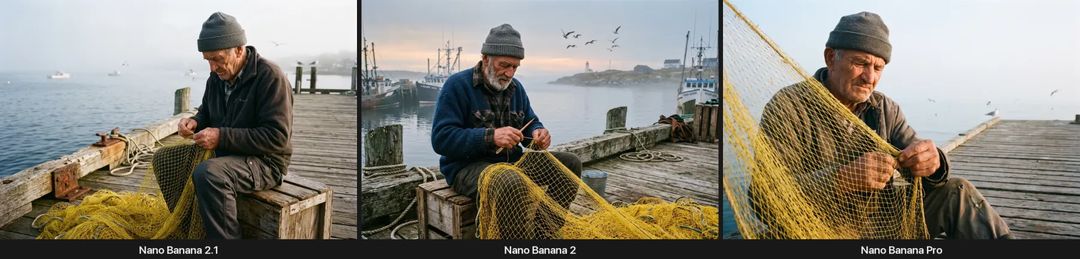 Fisherman mending a net: the three models side by side