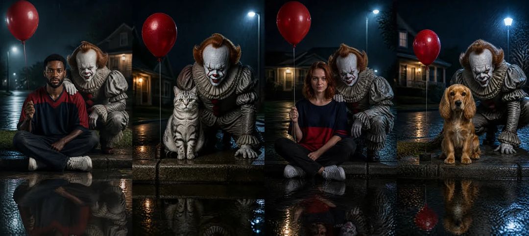 Cuatro retratos en una noche lluviosa con Pennywise: un hombre adulto, un gato atigrado plateado, una mujer adulta y un golden retriever, de izquierda a derecha