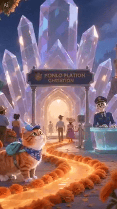 An orange cat follows the flower path to the desk, where its matching portrait appears before it is welcomed through