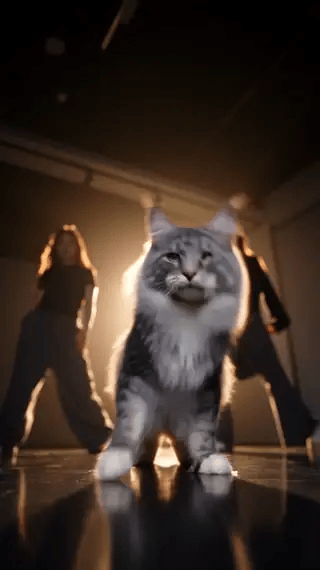 An excerpt showing a Maine Coon lifting and tilting its head in front of two backup dancers
