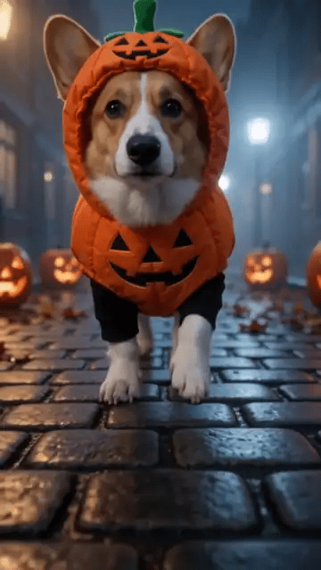 Ein Corgi in einem orangefarbenen Kürbiskostüm mit grünem Stielhut läuft auf einer Kopfsteinpflasterstraße voller leuchtender Kürbislaternen auf die Kamera zu