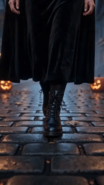 Stiefel unter einem langen schwarzen Kleid laufen über nasses Kopfsteinpflaster, bis die Kamera zurückfährt und eine als Hexe verkleidete Frau auf einer Straße voller Kürbislaternen zeigt
