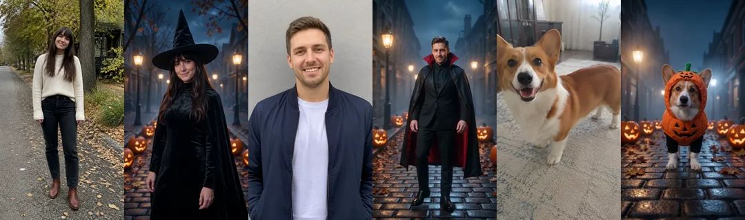 Fotos neben Ergebnissen: Eine Frau in cremefarbenem Pullover wird zur Hexe, ein Mann in marineblauer Jacke wird zum Vampir, ein Corgi läuft im Kürbiskostüm