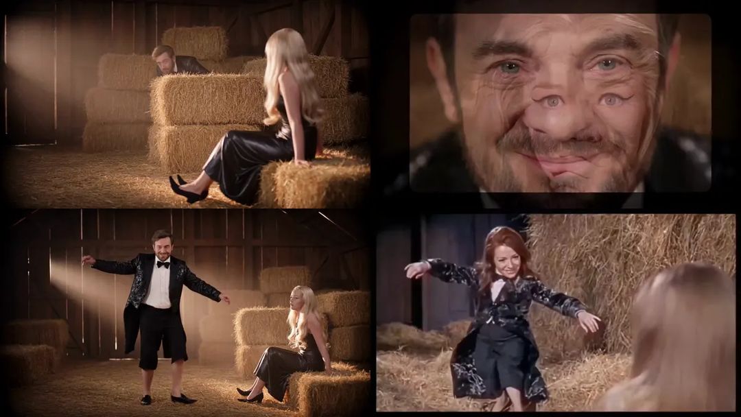 A rejected test: the barn becomes a new one with light beams, the woman is someone else, two faces blend into a ghostly double exposure, the dancer is full height; bottom right is the current result