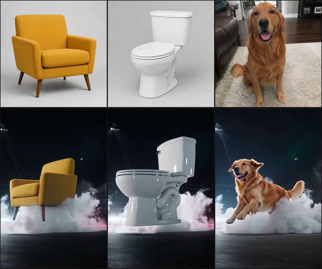 Photos and results: a mustard armchair, a white toilet and a golden retriever, each shown above its final landing frame in white smoke