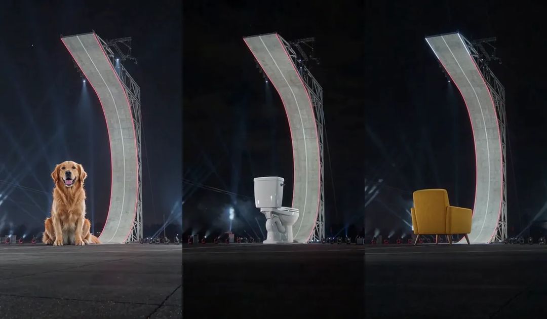 The foot of the same ramp in three clips: a sitting golden retriever, a white toilet and a mustard armchair, each scaled up by a different amount