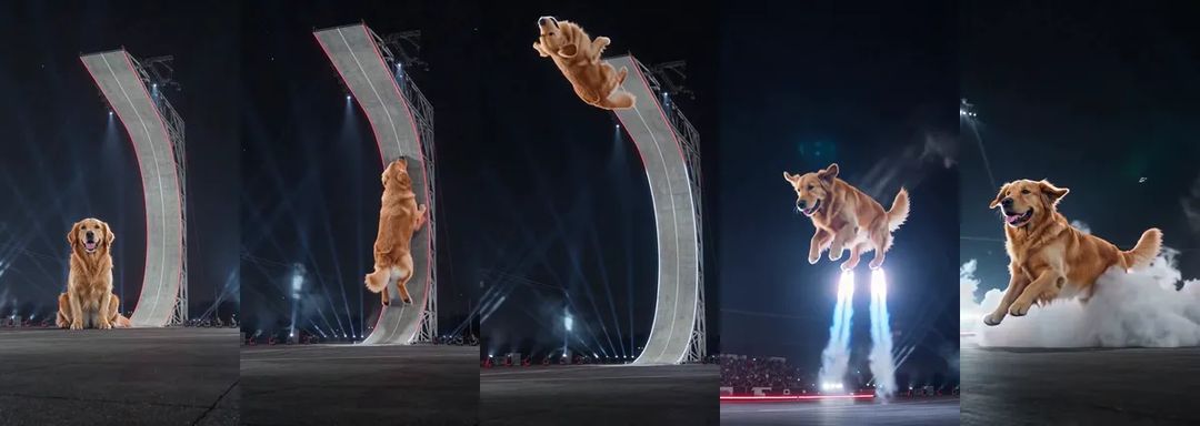 The five stages of the Tesla Roadster ramp flip: a golden retriever sitting at the foot of the ramp, racing up the curve, shooting off the top upside down, flipping on thruster jets in mid-air, and landing in white smoke