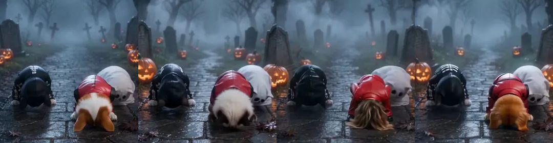 All four leads in the deep bow at the same moment: the corgi, the ragdoll, the blonde woman and the golden retriever with their heads down at the ground, only the tops of their heads and backs showing