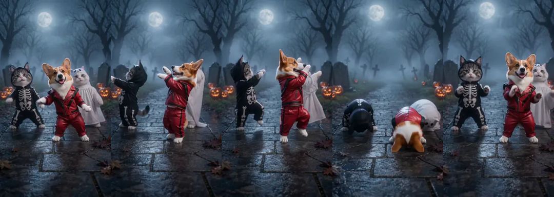 Five moments of a corgi doing the Thriller dance: swaying with open arms, reaching sideways like a zombie, turning with claws raised, all three in a deep bow, springing back up with claws out