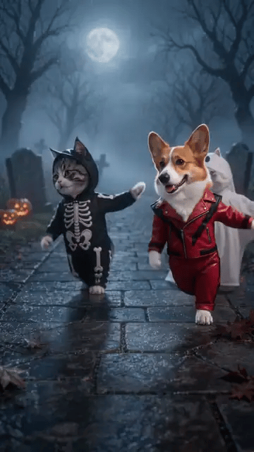 A corgi in a red leather jacket reaches both paws out sideways in a moonlit graveyard, shuffling along with the skeleton kitten and the ghost kitten