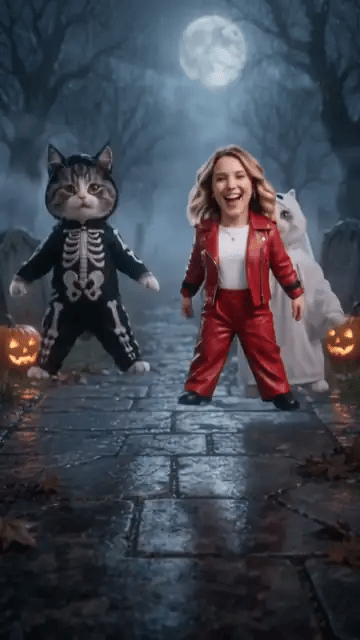 A big-head chibi woman with blonde hair in a red leather jacket bows deeply in the graveyard with the skeleton kitten and the ghost kitten, then springs back up laughing with her claws out