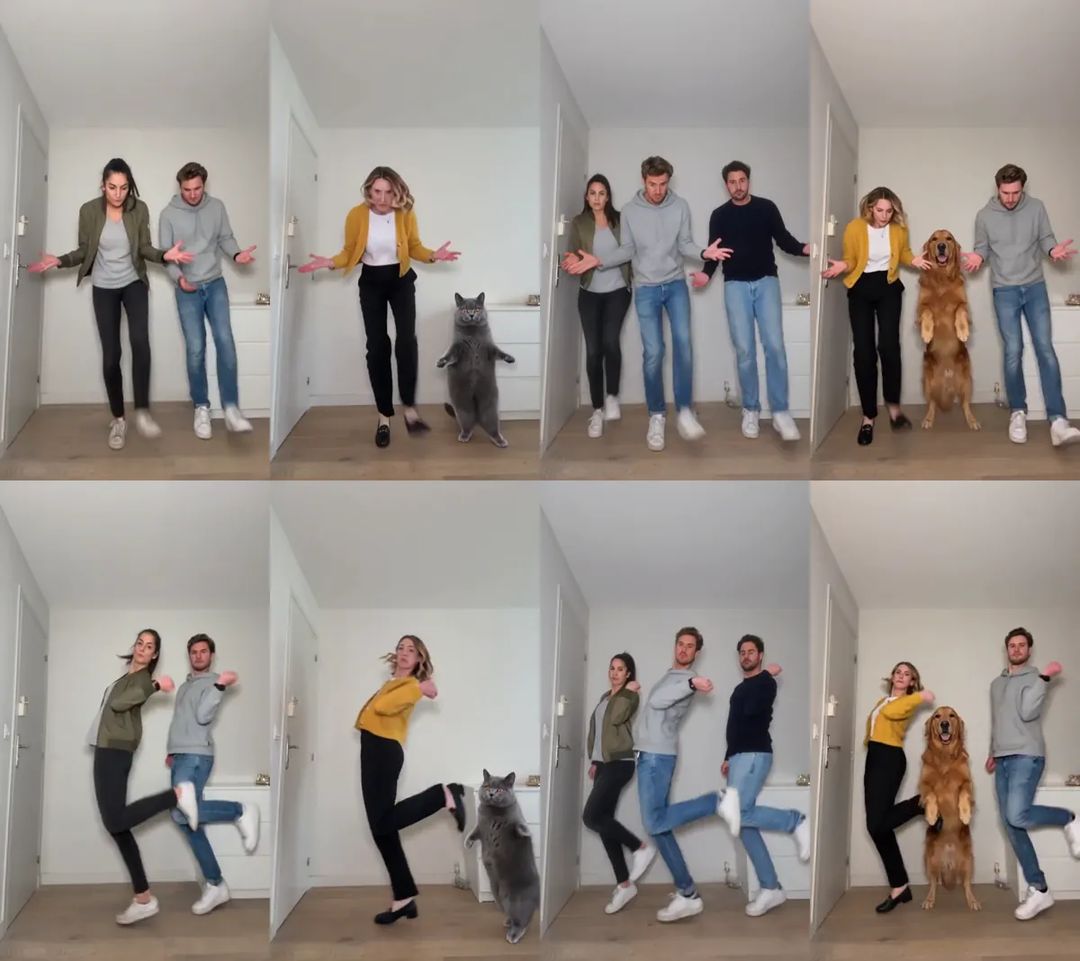 Four group versions of the Toc Toc dance: two friends, a woman with a grey cat, three friends, and two people with a golden retriever in the middle, first with arms wide and then with a kick back