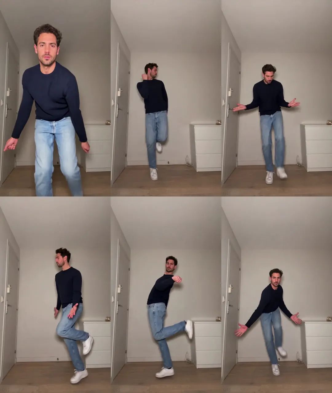 Six moments of the Toc Toc dance by a man in a navy sweater: the walk-up close-up, the knock with one knee up, arms wide, the sideways skip, the kick back and the wide-arm finish