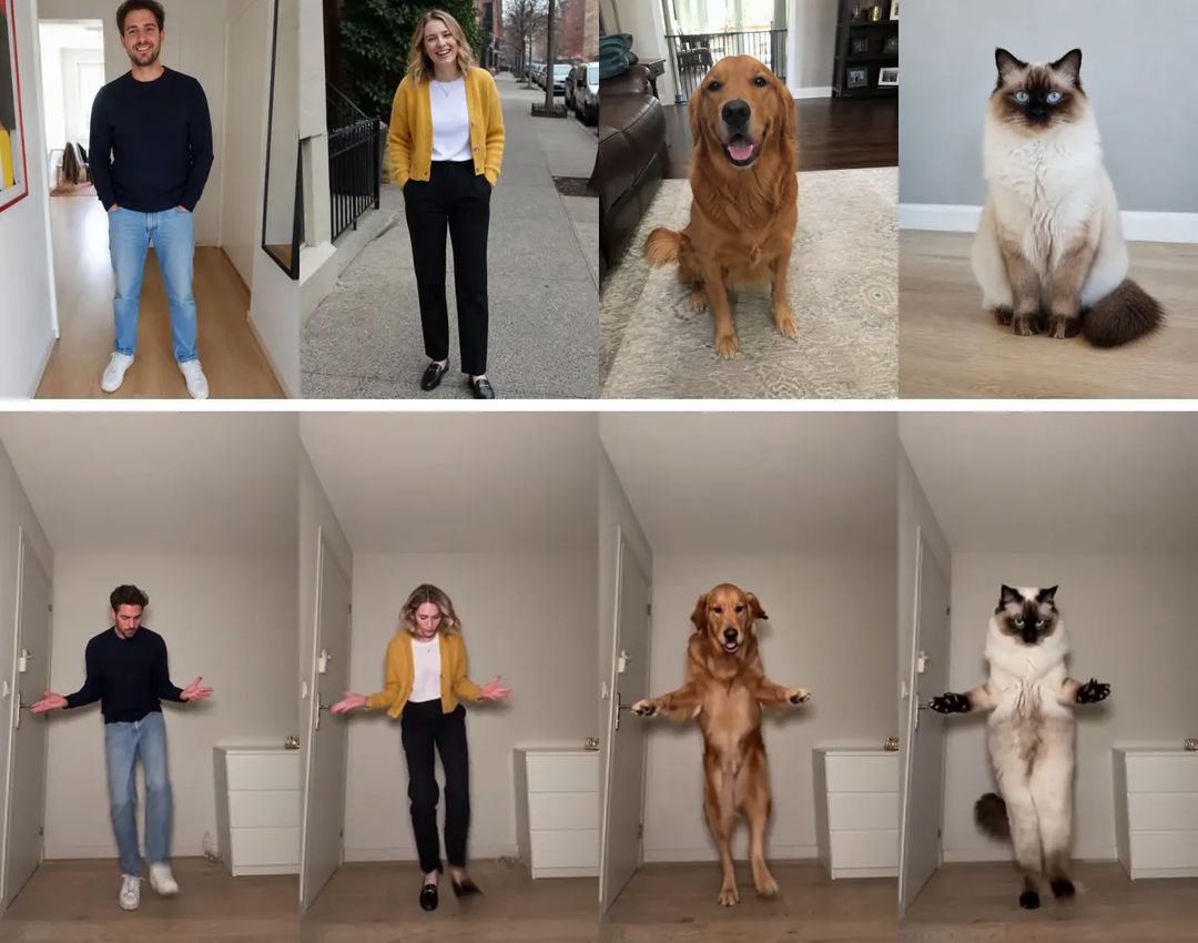 Photos next to results: a man in a navy sweater, a woman in a yellow cardigan, a golden retriever and a ragdoll cat, each one flinging its arms or paws wide in the white room in the row below