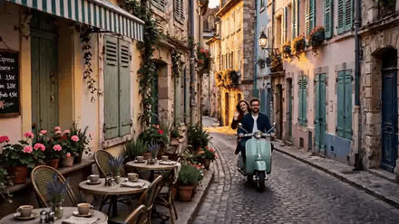Vidu Q4 reference-to-video: the two ride the mint-green scooter down the cobblestone street