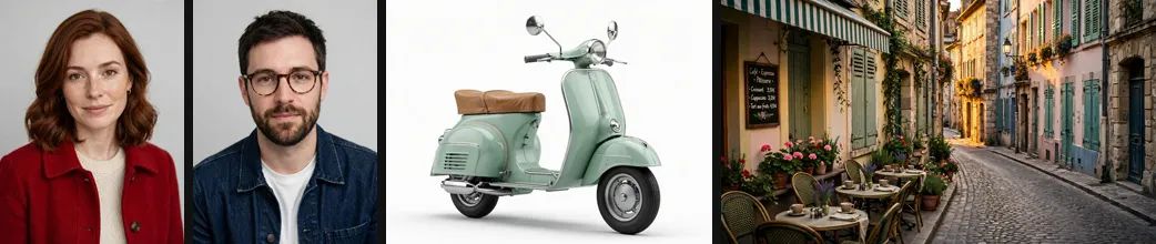 Four reference images: woman in a red coat, man with glasses, mint-green scooter, cobblestone street