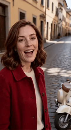 Vidu Q4 voice reference: the woman in the red coat speaks to camera