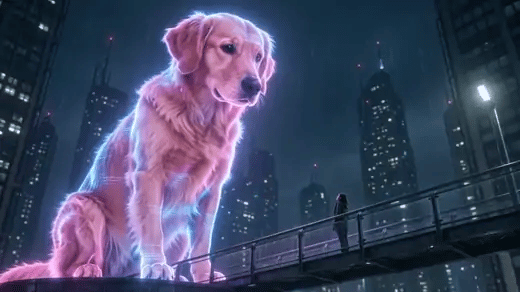 An actual generated clip of a giant golden retriever hologram leaning toward a person on a rainy neon skybridge