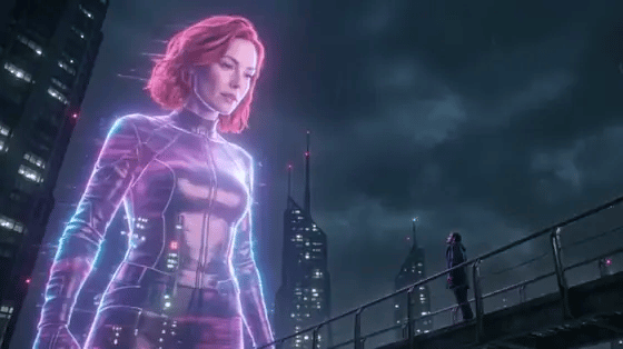 An actual generated clip of a giant female hologram leaning toward a person on the bridge