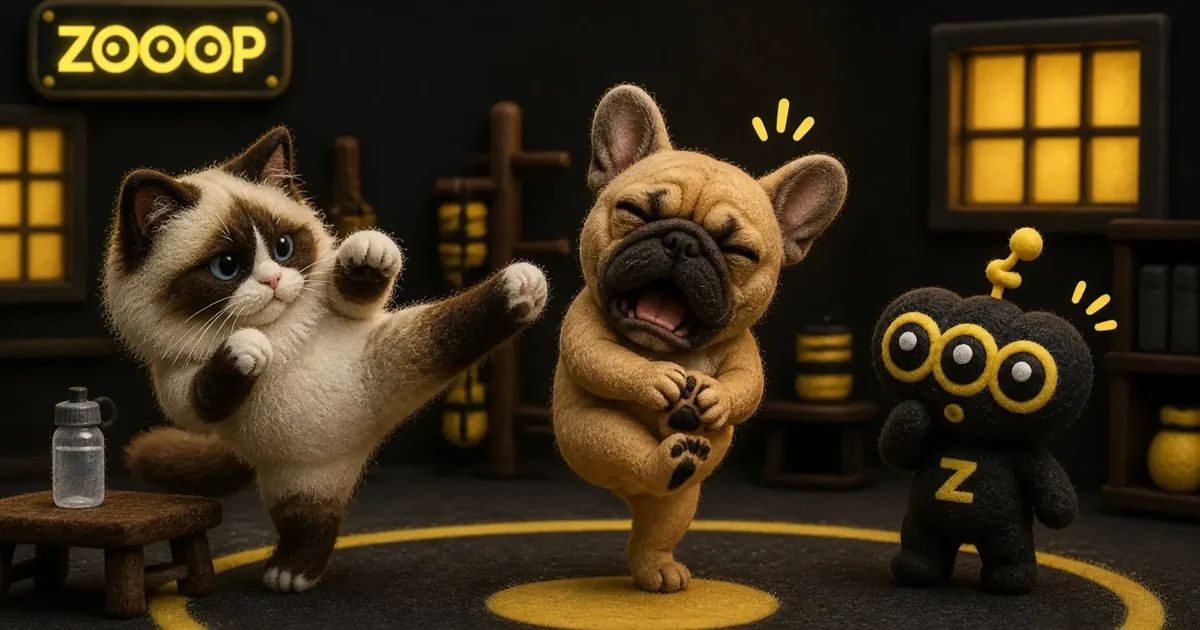 AI 쿵푸 고양이 영상 만들기: 프렌치 불도그의 연습 실패 장면까지
